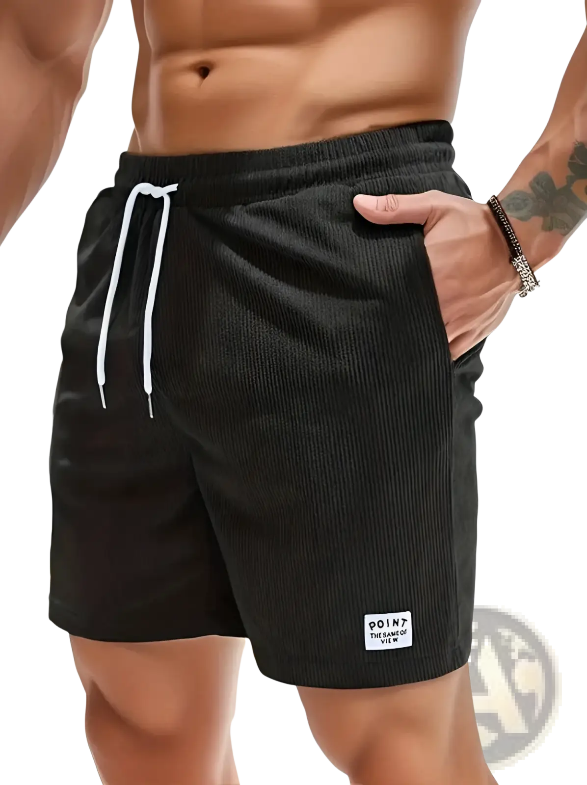 Black corduroy drawstring shorts for men with white drawstrings and a small white label on the lower right leg