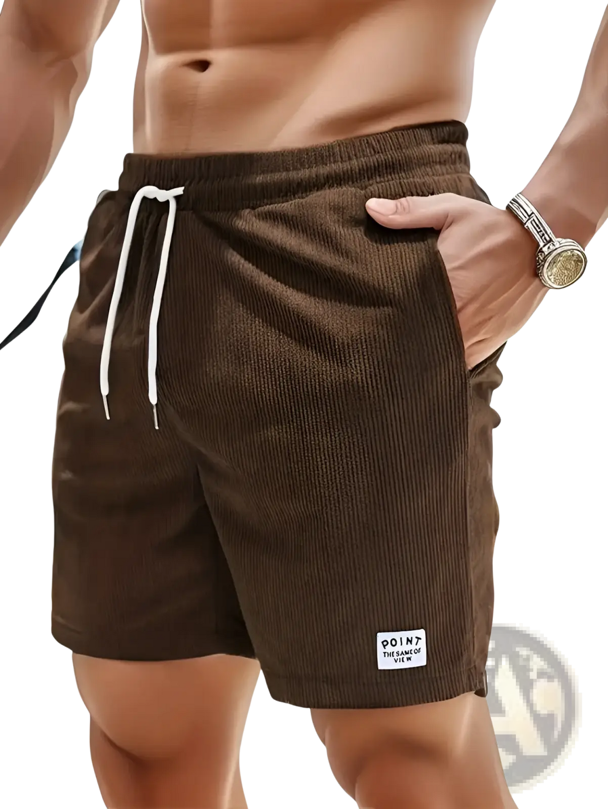 Brown corduroy drawstring shorts for men with white drawstrings and a small point the game of view label on the right leg