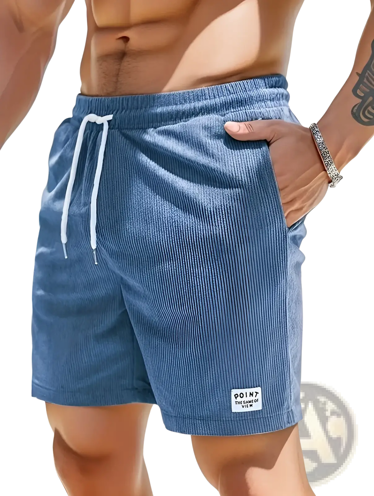 Blue corduroy drawstring shorts for men with white drawstrings and a small label on the lower right leg