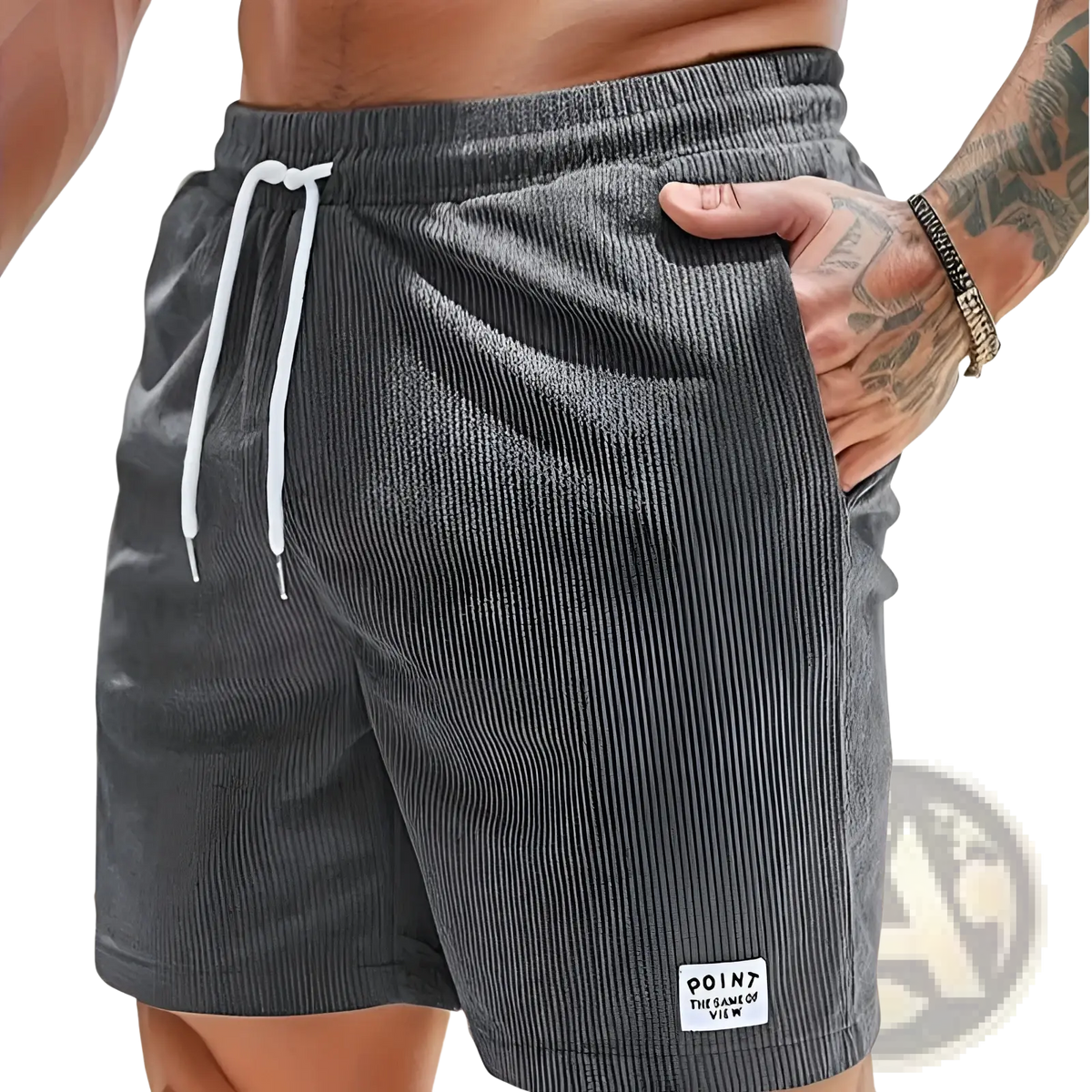 Gray corduroy drawstring shorts for men with white drawstrings and point brand label for sportswear use