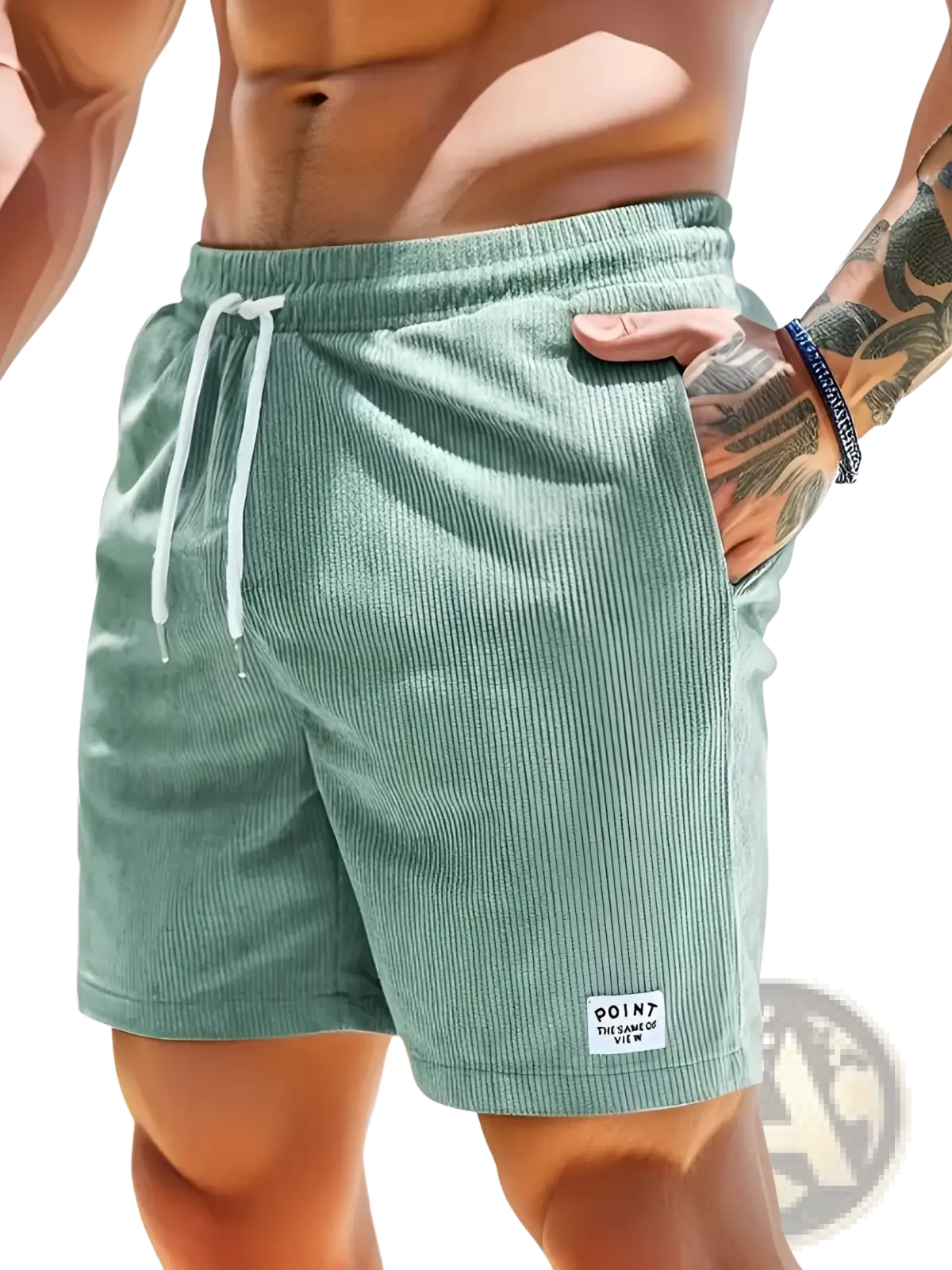 Mint green corduroy drawstring shorts for men with white drawstrings and a small label on the lower right leg