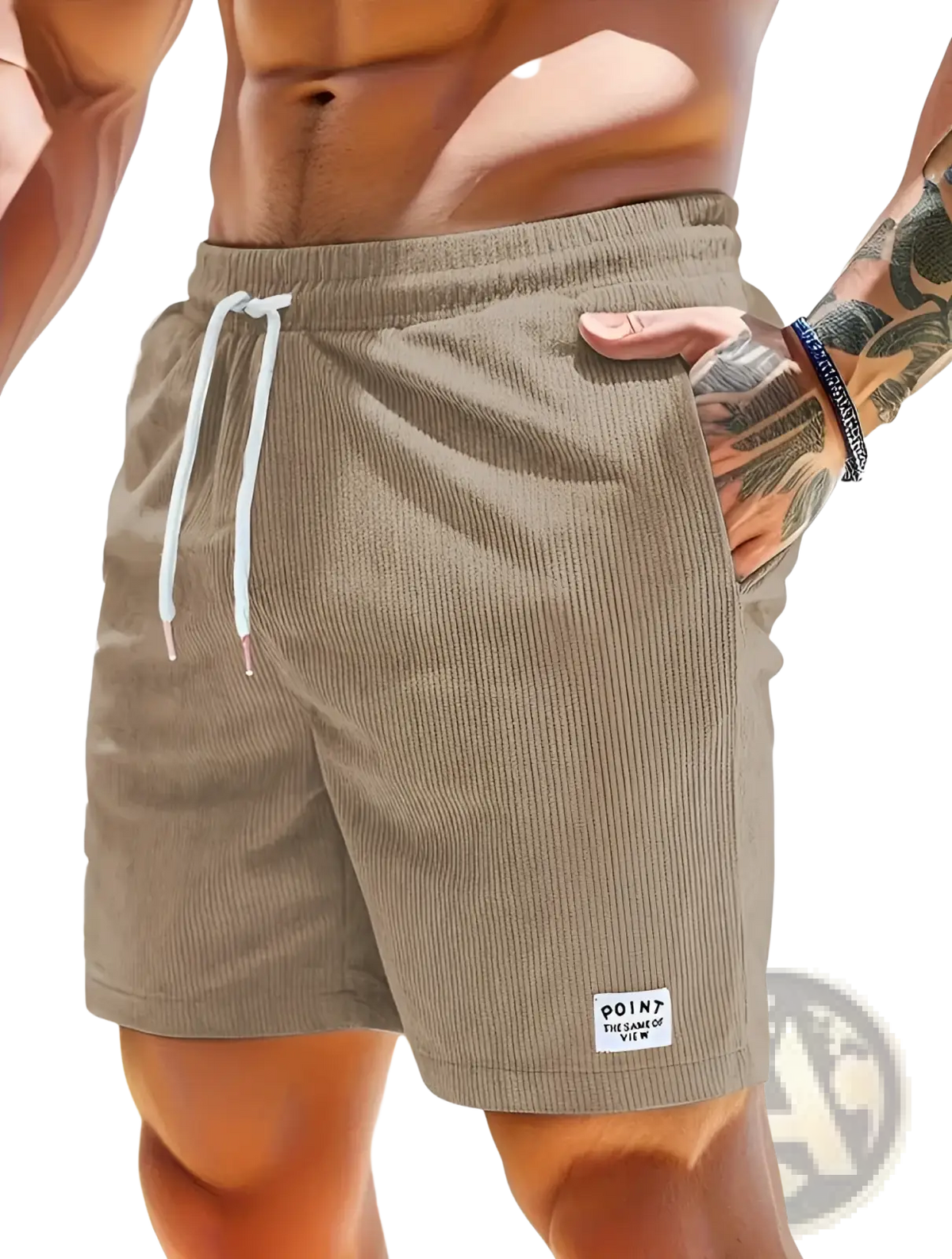 Beige corduroy drawstring shorts for men with white drawstrings and a small label on the lower right leg
