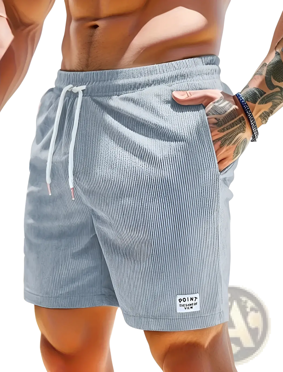 Light blue corduroy drawstring shorts for men with white drawstrings and point brand label on the lower right leg