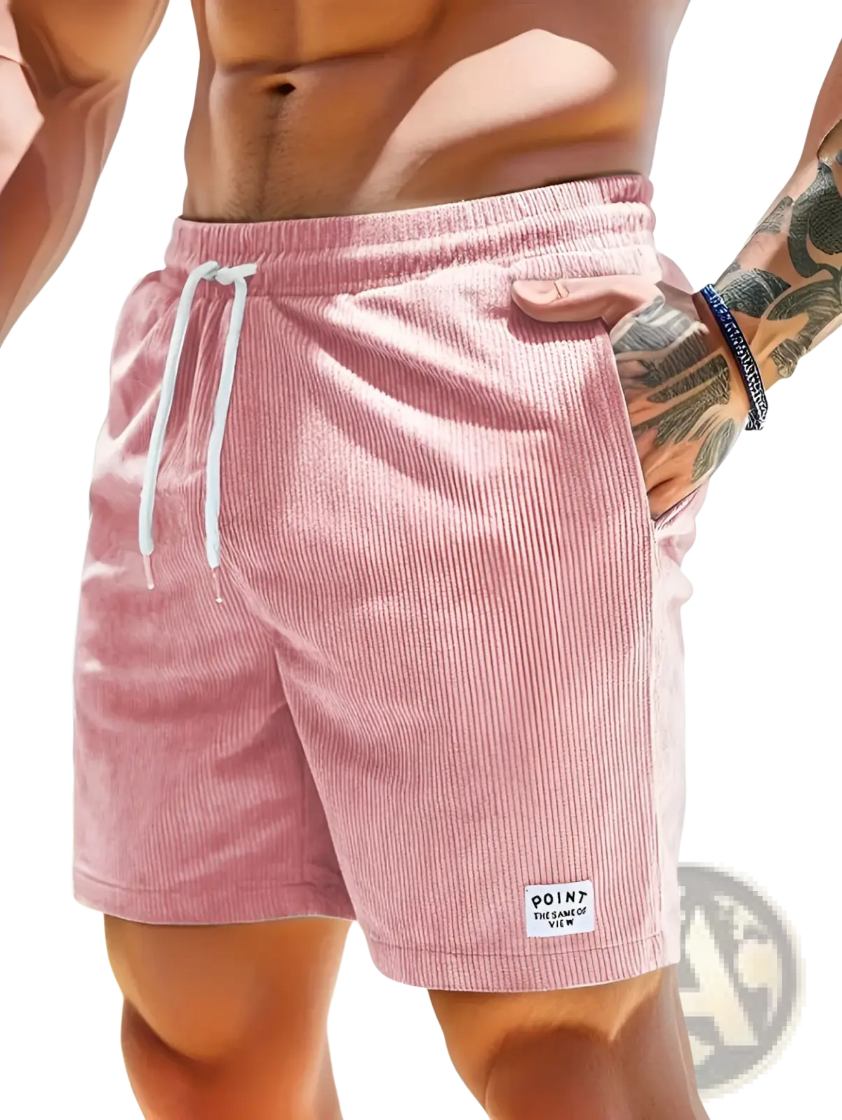 Pink corduroy drawstring shorts for men with white drawstrings and point brand label on lower right leg for sports use