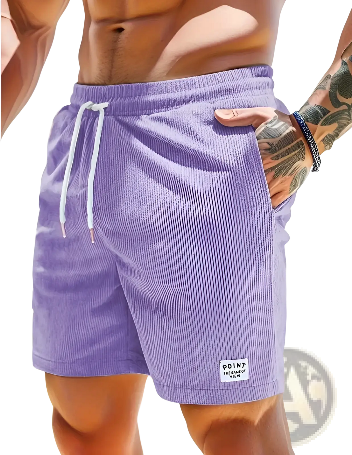 Purple corduroy drawstring shorts for men with white drawstrings and a point the same of view label on the lower right leg