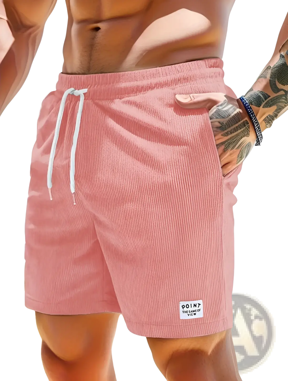 Pink corduroy drawstring shorts for men with white drawstrings and branded patch ideal for sportswear