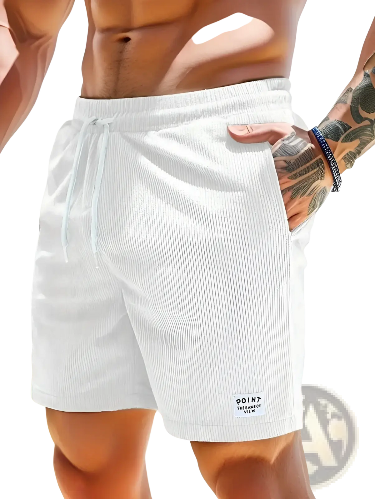 White corduroy drawstring shorts for men with a waistband and small branded patch for sports use