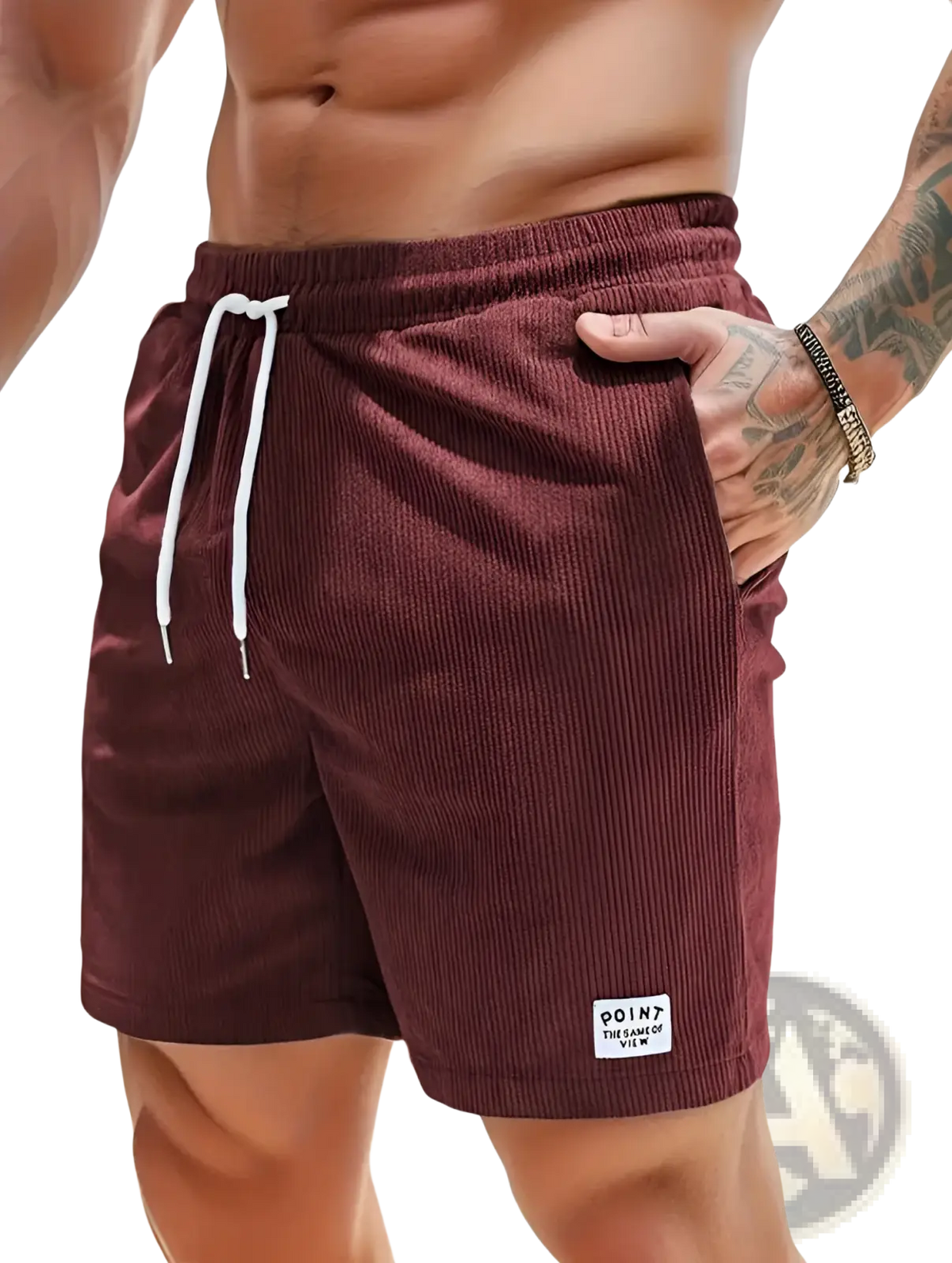 Maroon corduroy drawstring shorts for men with white drawstrings and small point brand label on lower right leg