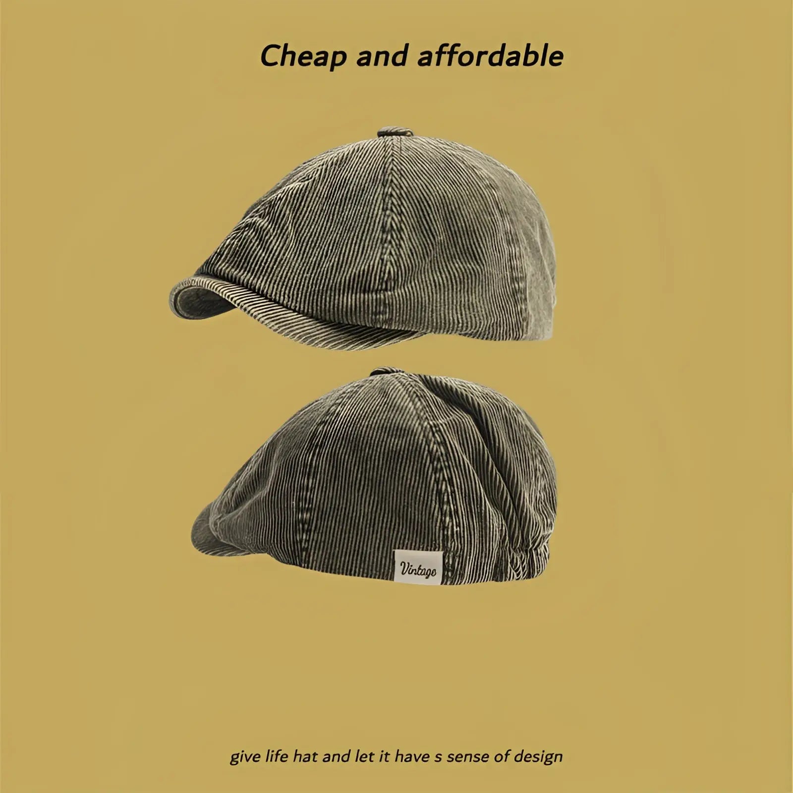 Olive green corduroy eight panel retro newsboy cap with a subtle vintage label on the side