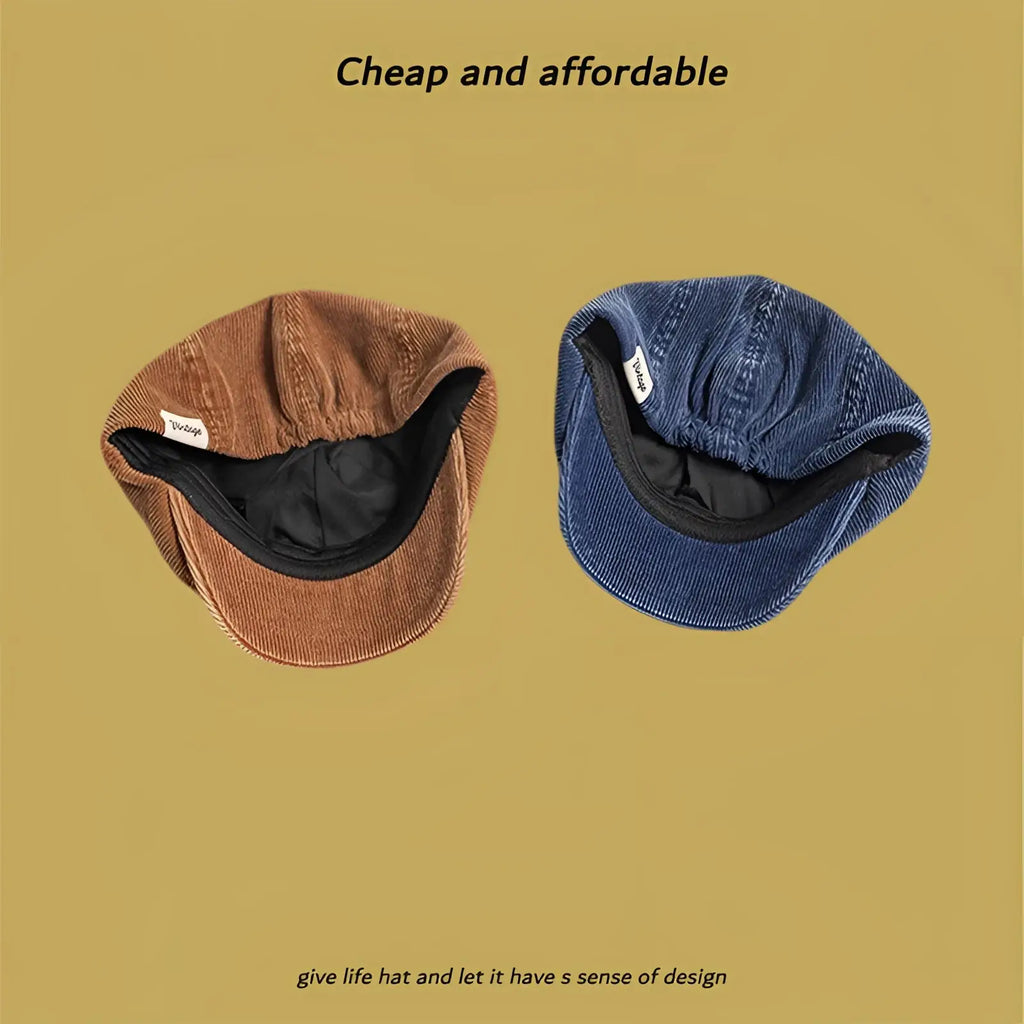 Brown and blue corduroy eight panel retro newsboy caps with black inner lining shown from the front view