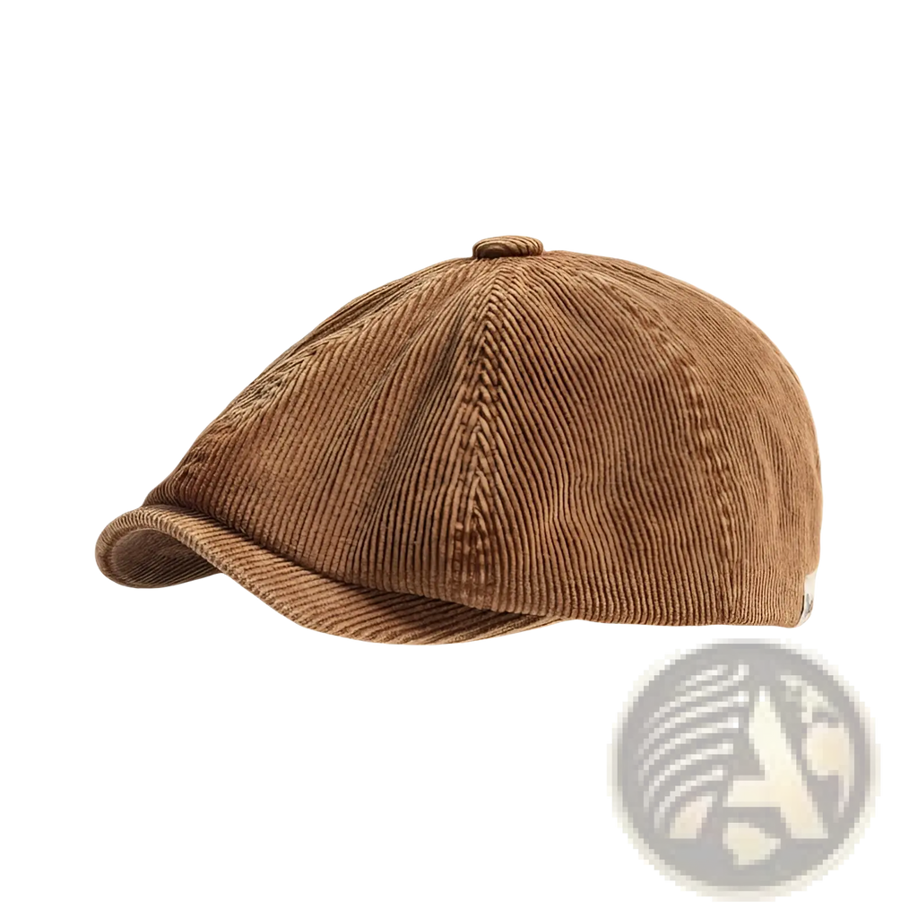 Brown corduroy flat cap with structured six-panel design and slightly curved brim in retro newsboy style