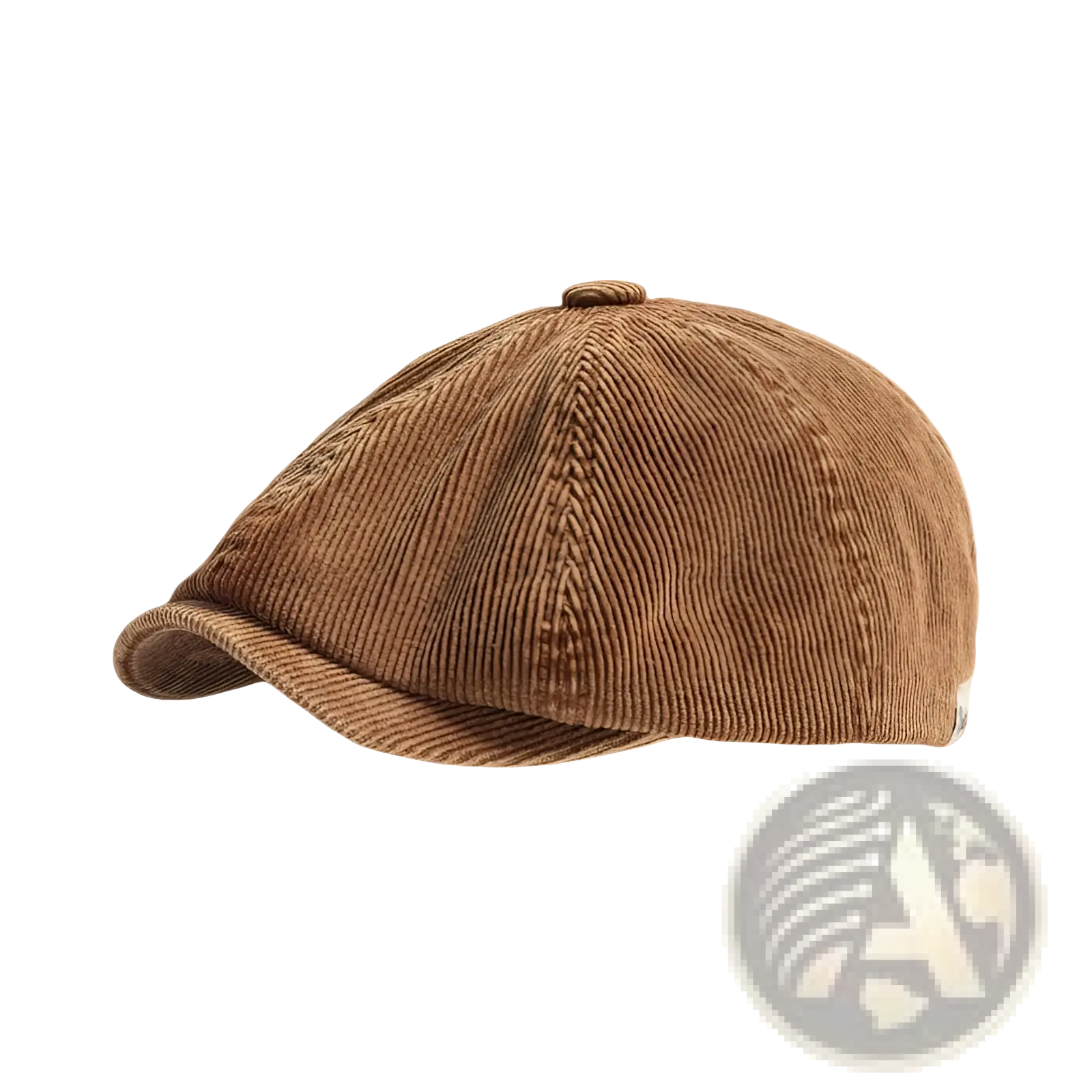 Brown corduroy flat cap with structured six-panel design and slightly curved brim in retro newsboy style