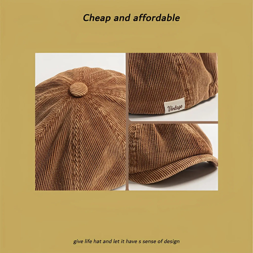 A brown corduroy eight panel retro newsboy cap with textured ribbed fabric and a small button on top