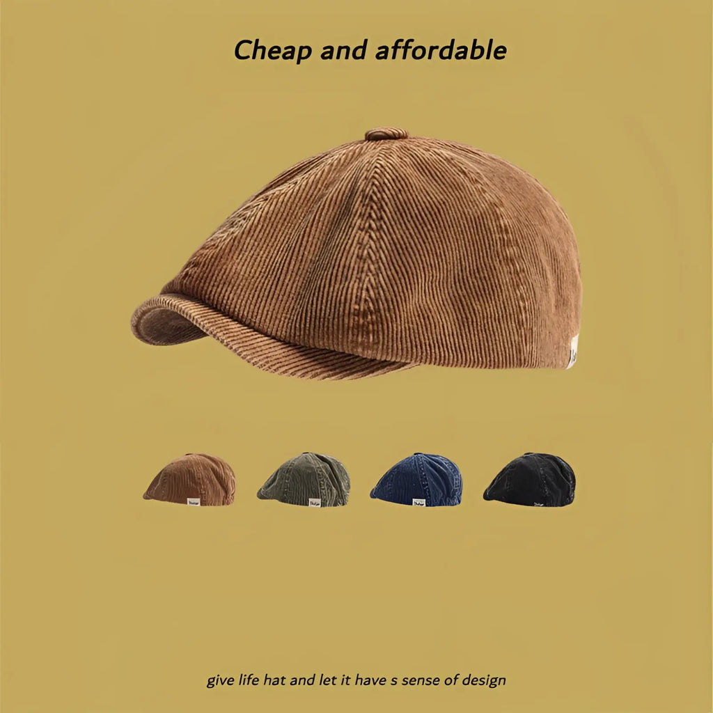 Brown corduroy flat cap with an eight-panel structured design and a short brim in a retro newsboy style