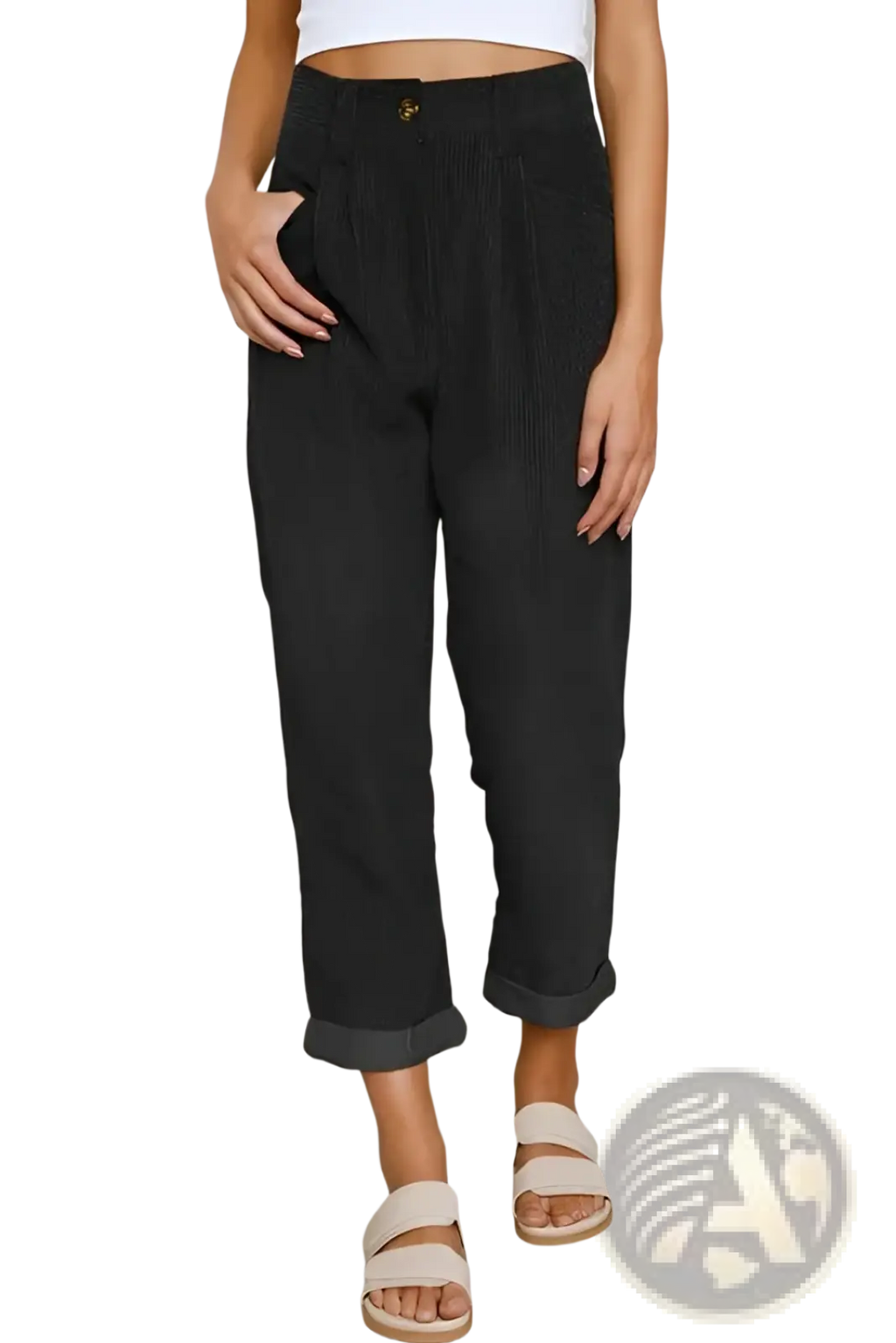 Black corduroy high waist loose trousers with subtle vertical ribbed texture and rolled cuffs displayed front view
