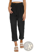Black corduroy high waist loose trousers with subtle vertical ribbed texture and rolled cuffs displayed front view