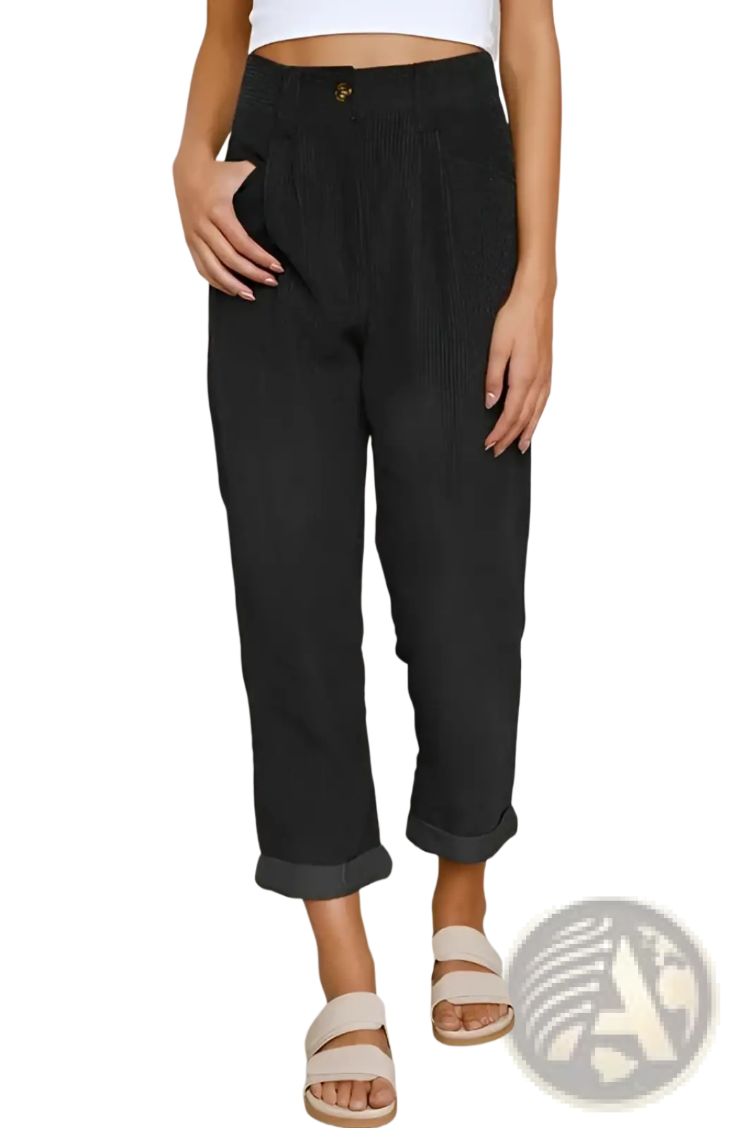 Black corduroy high waist loose trousers with subtle vertical ribbed texture and rolled cuffs displayed front view