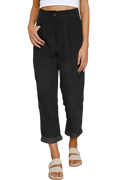 Black corduroy high waist loose trousers with subtle vertical ribbed texture and rolled cuffs displayed front view