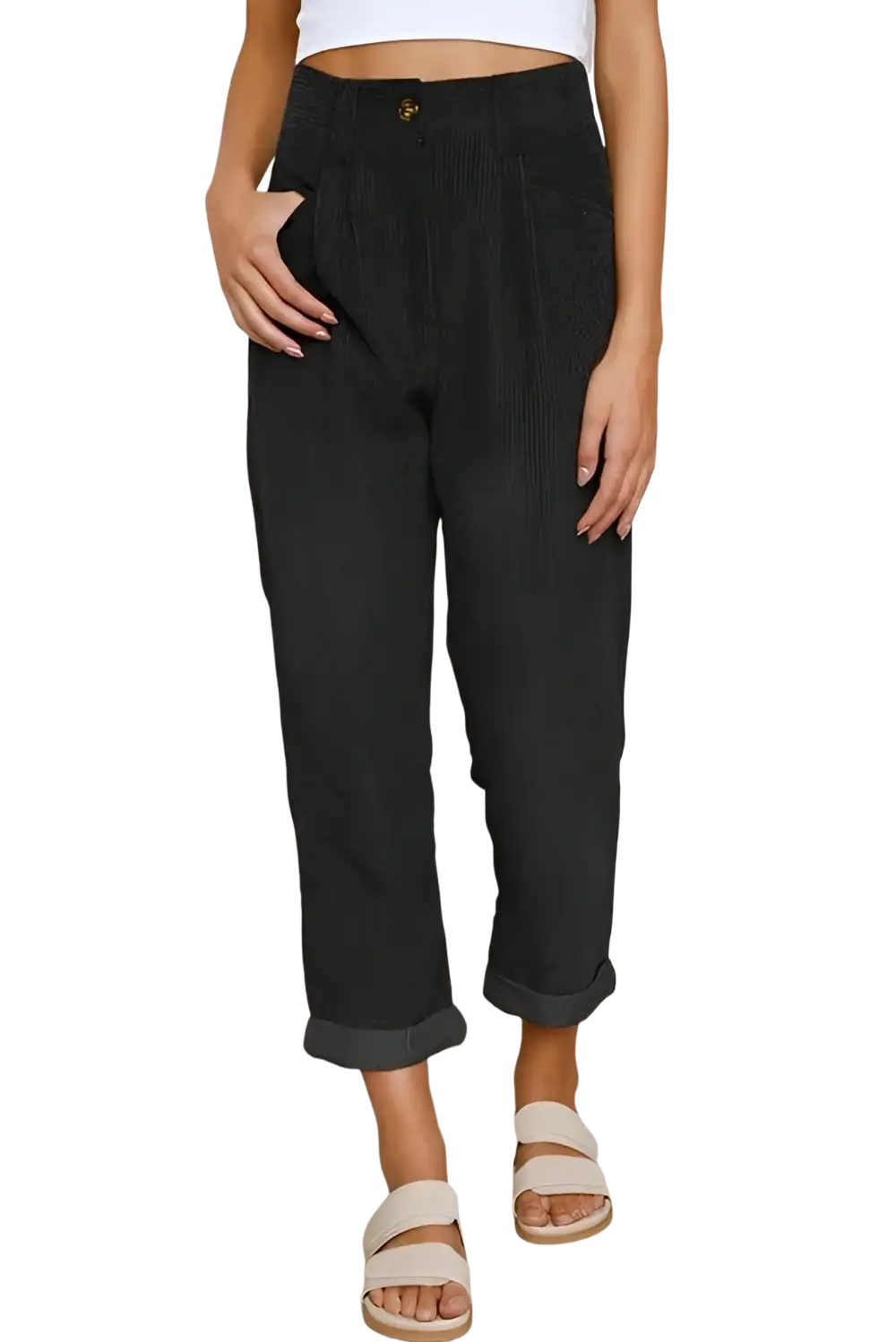 Black corduroy high waist loose trousers with subtle vertical ribbed texture and rolled cuffs displayed front view