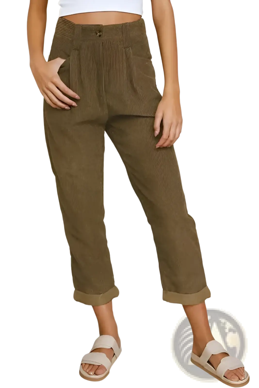 Olive green corduroy high waist loose trousers with rolled cuffs showcasing a casual stylish design