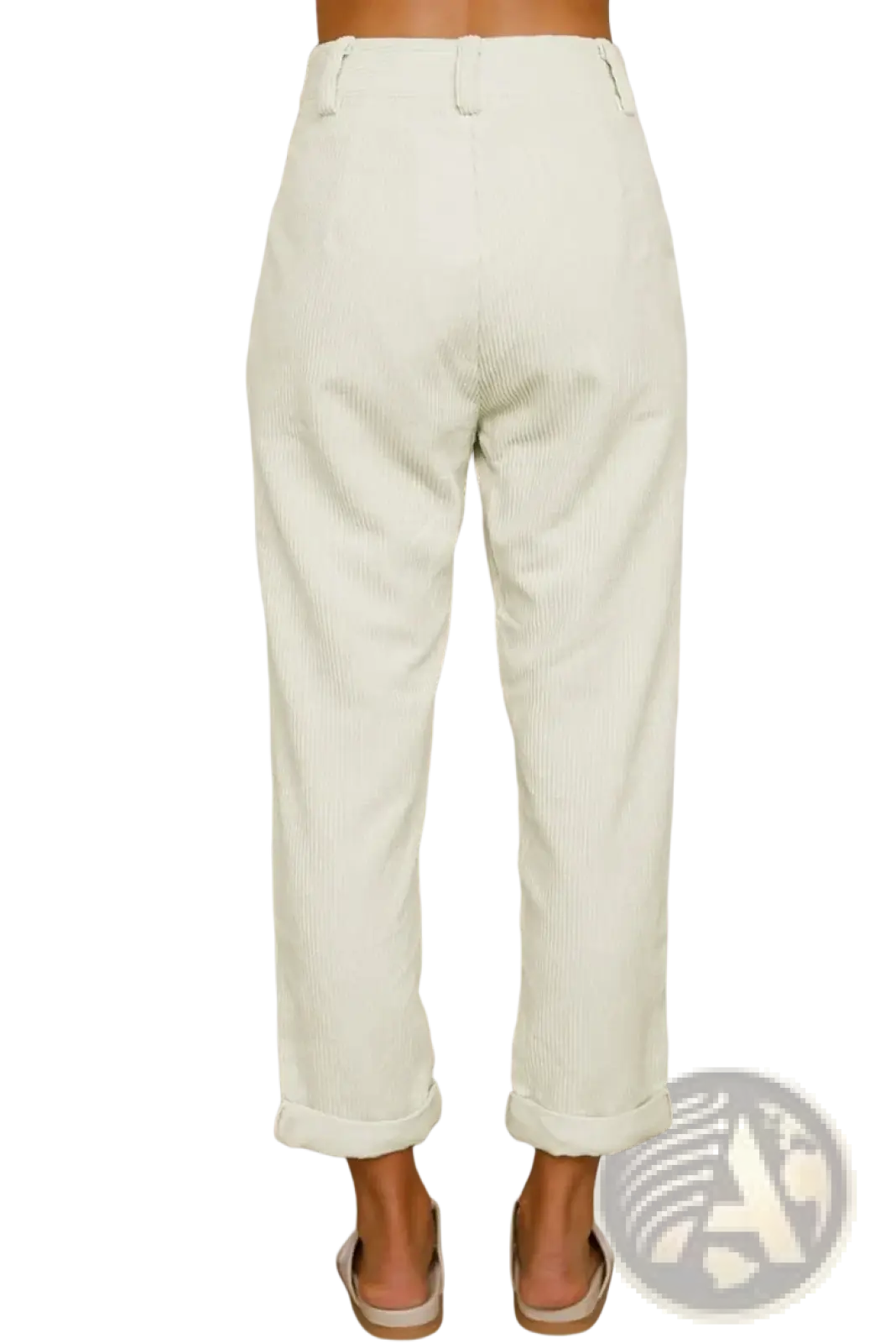 Cream-colored corduroy high waist loose trousers with relaxed fit and rolled cuffs for casual wear