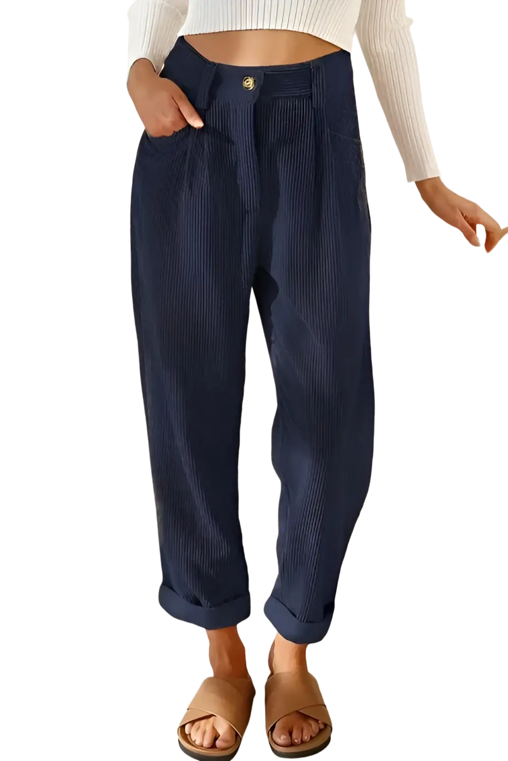 Dark blue corduroy high waist loose trousers with rolled cuffs for a stylish and comfortable fit