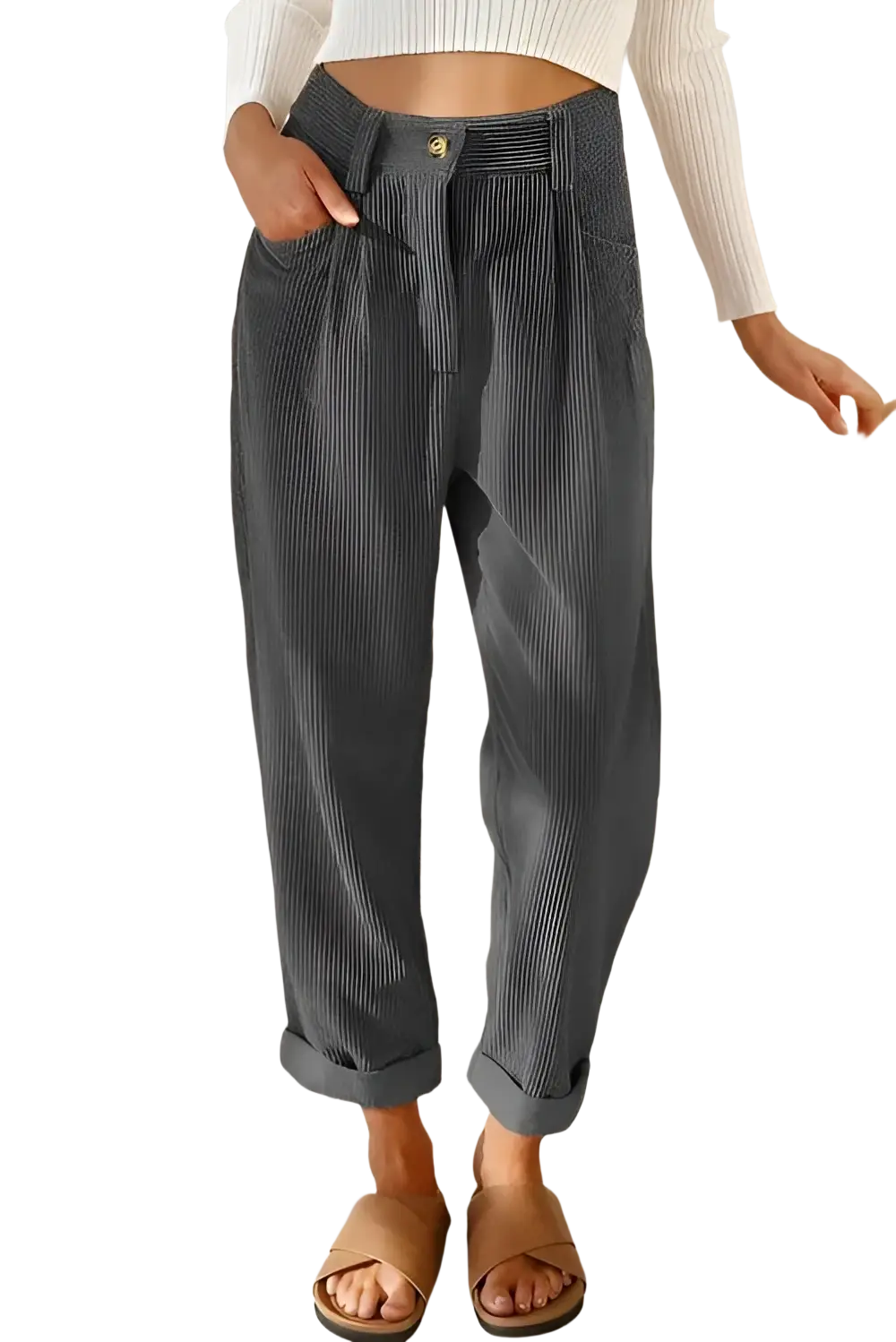 Dark gray corduroy high waist loose trousers with rolled cuffs for a stylish casual look