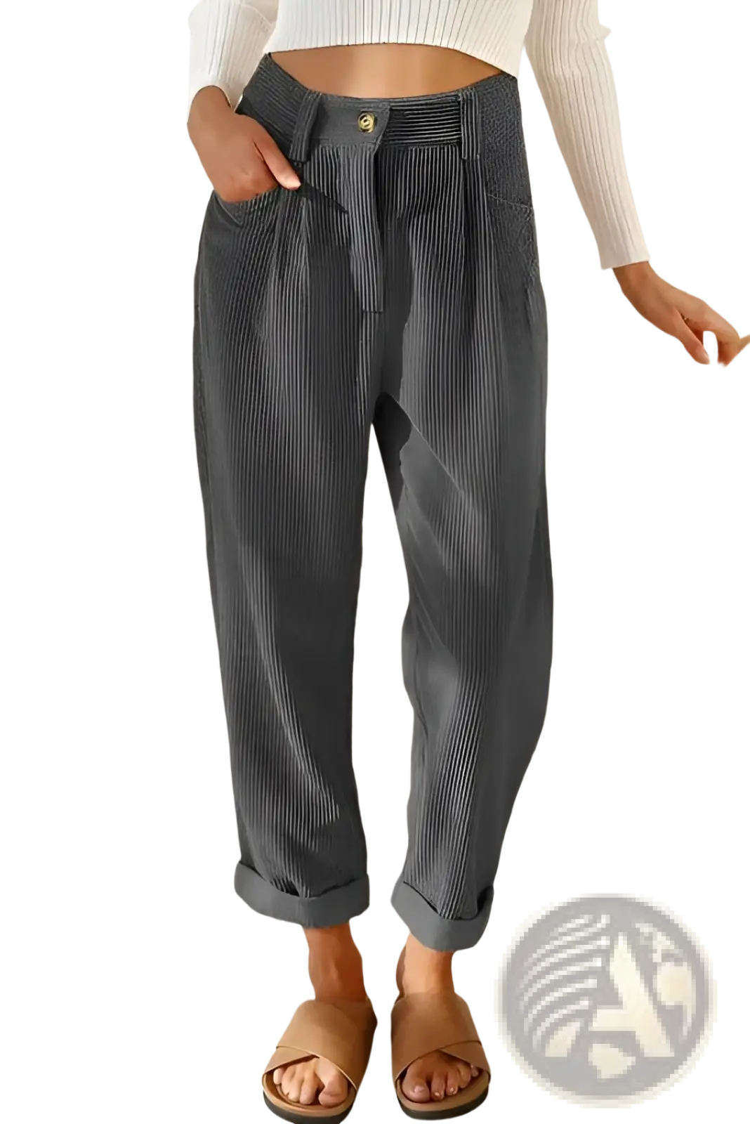 Dark gray corduroy high waist loose trousers with rolled cuffs for a stylish casual look