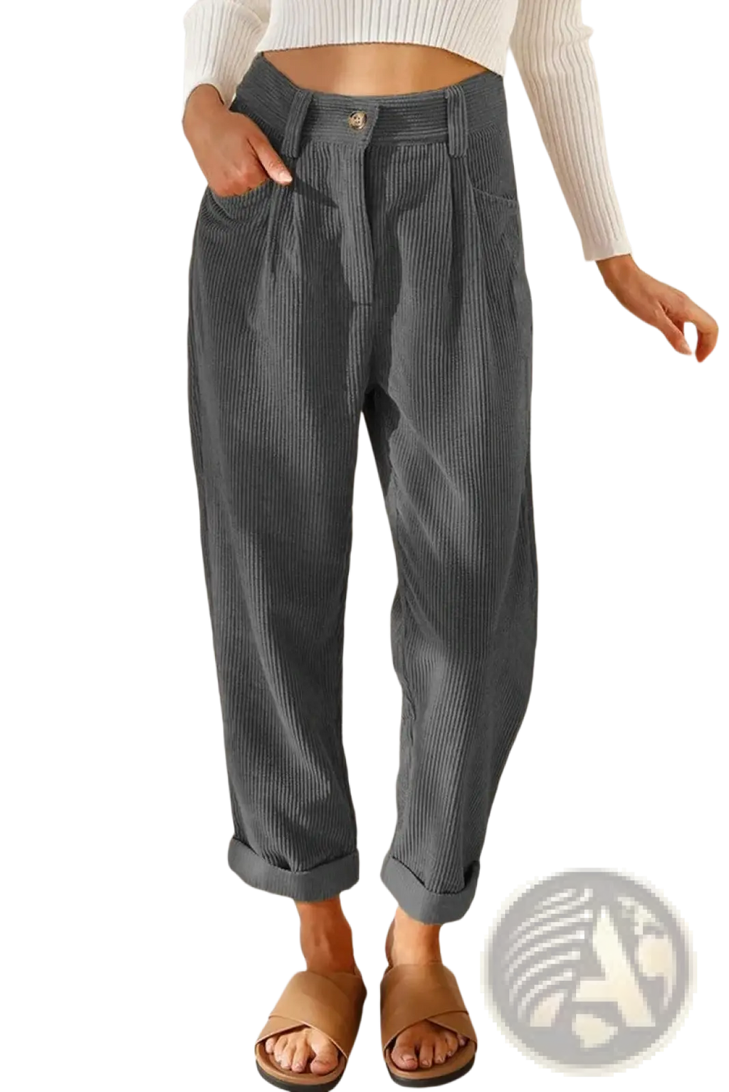 Gray corduroy high waist loose trousers with a relaxed fit and rolled cuffs for casual wear