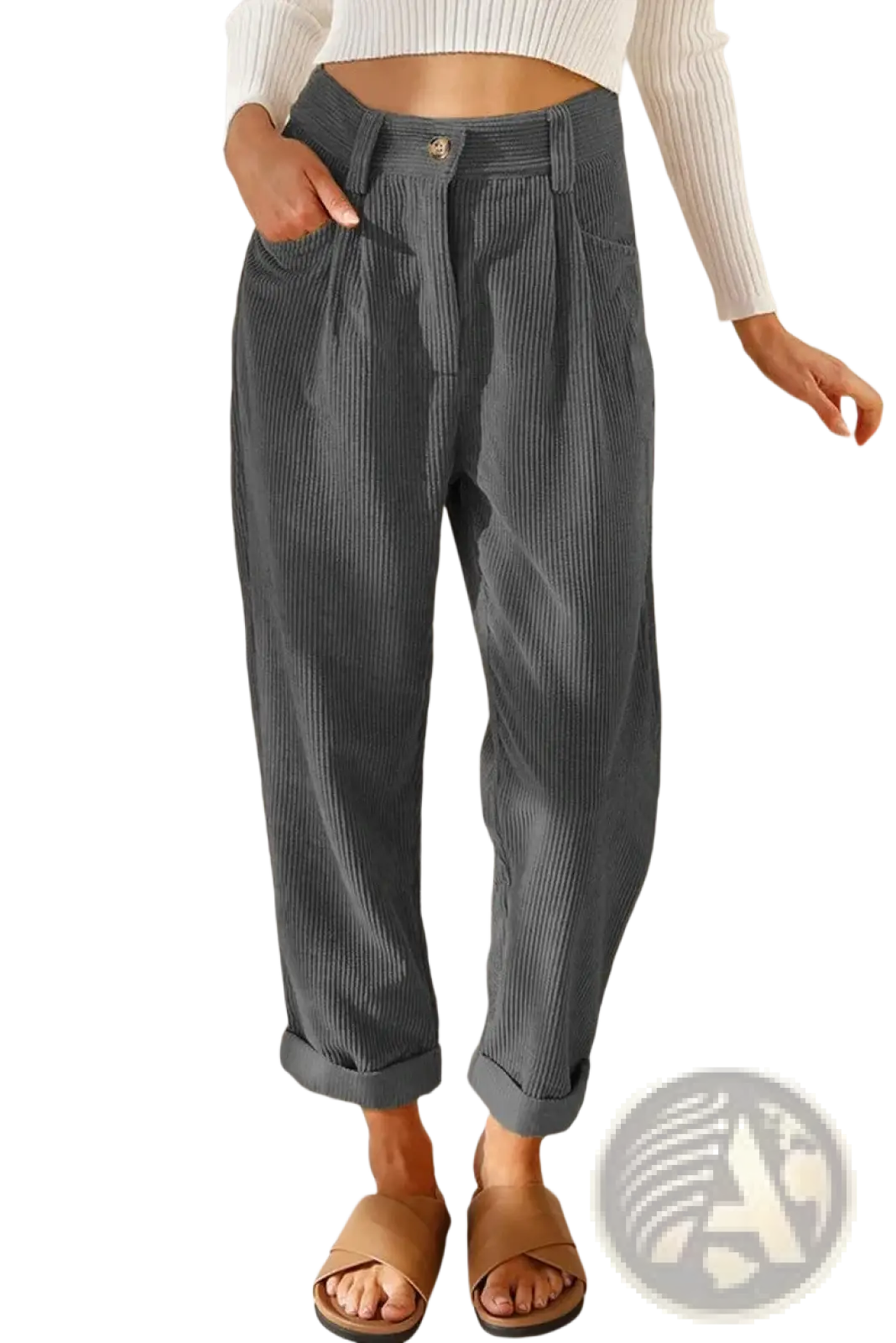 Gray corduroy high waist loose trousers with a relaxed fit and rolled cuffs for casual wear