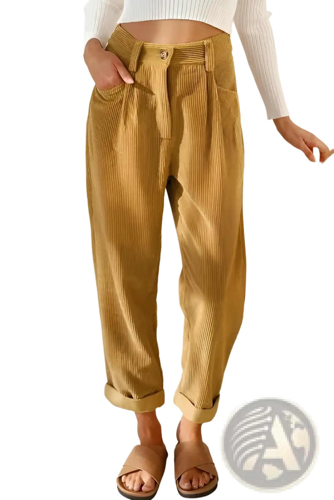 Golden corduroy high waist loose trousers with rolled cuffs in a comfortable and stylish design