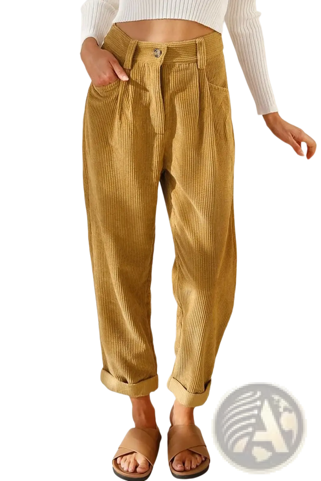 Mustard yellow corduroy high waist loose trousers with rolled cuffs showcasing a casual stylish design