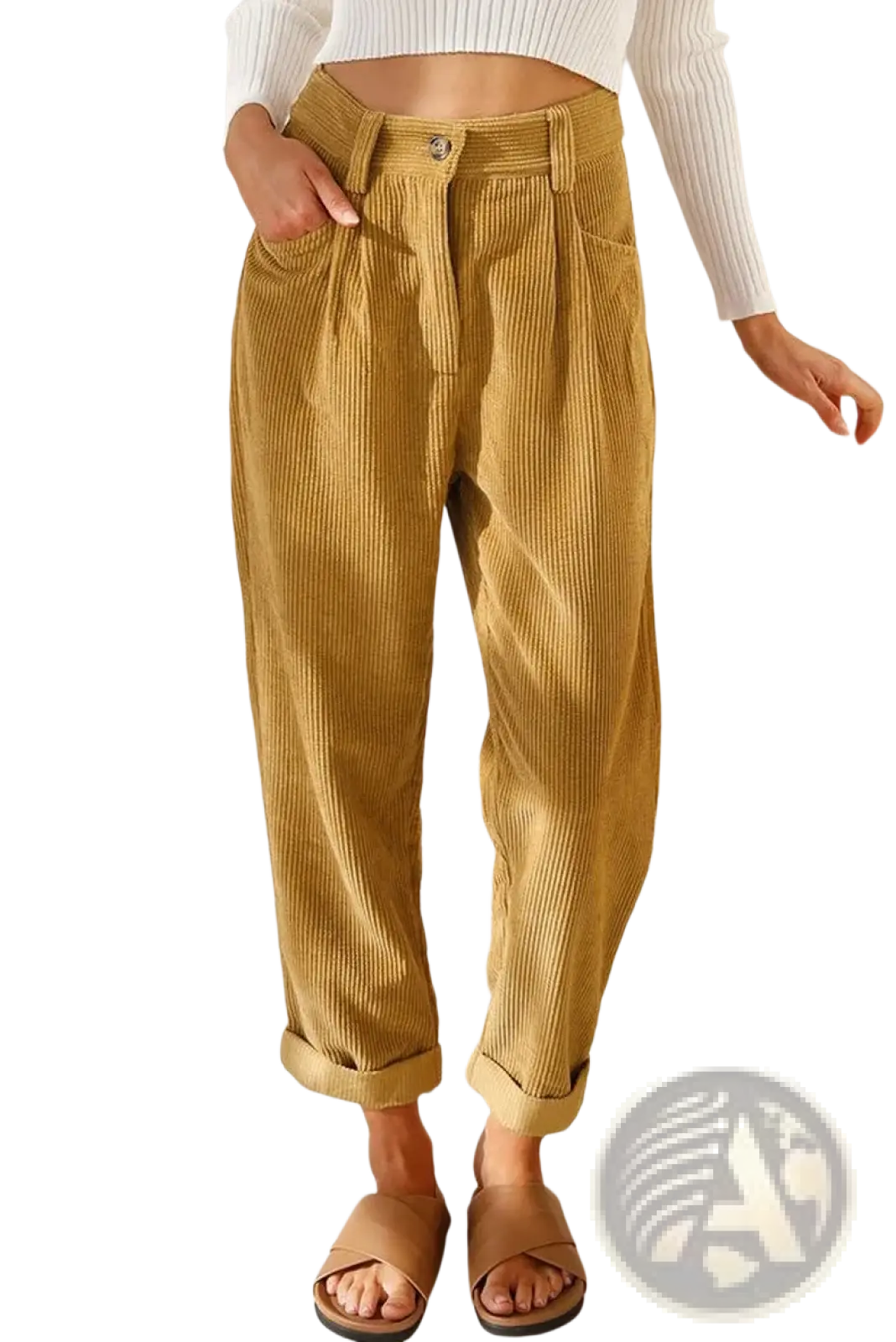 Mustard yellow corduroy high waist loose trousers with rolled cuffs showcasing a casual stylish design