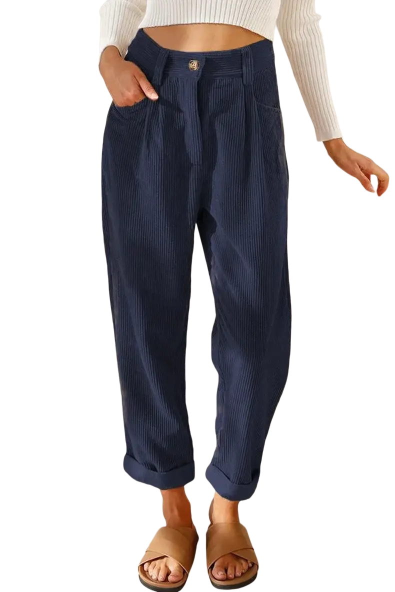 Navy blue corduroy high waist loose trousers with a relaxed fit and rolled cuffs for casual wear
