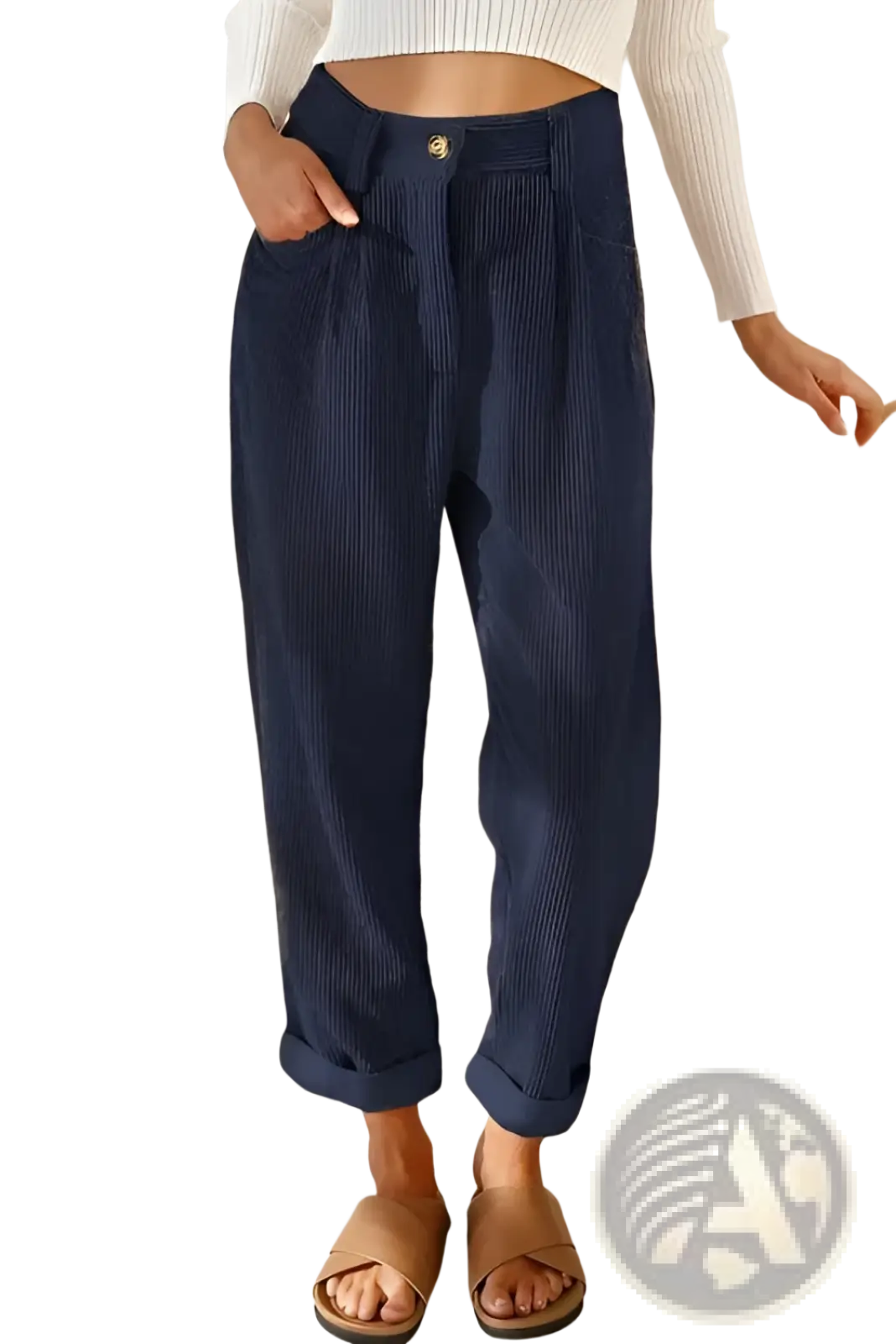 Dark blue corduroy high waist loose trousers with rolled cuffs for a stylish and comfortable fit