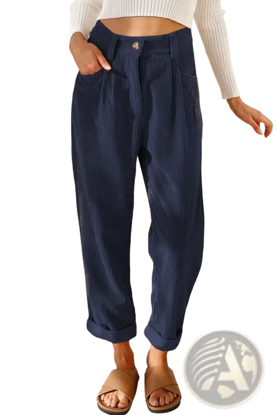 Navy blue corduroy high waist loose trousers with a relaxed fit and rolled cuffs for casual wear