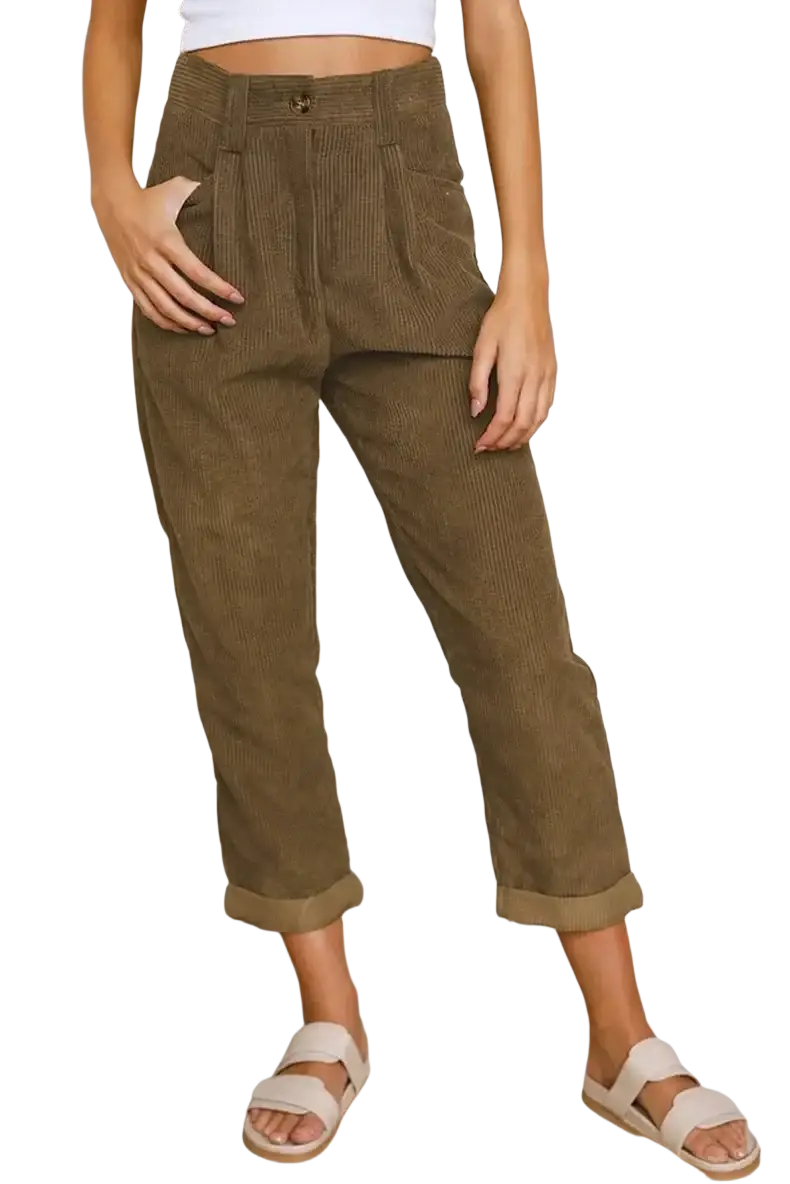 Olive green corduroy high waist loose trousers with rolled cuffs ideal for casual and stylish wear