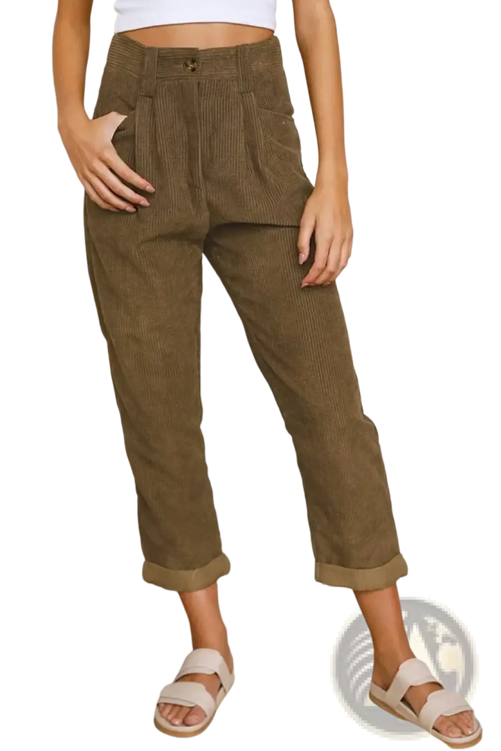 Olive green corduroy high waist loose trousers with rolled cuffs ideal for casual and stylish wear