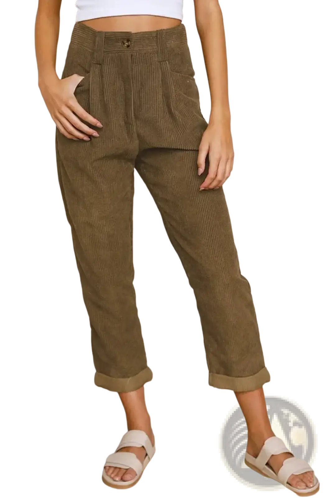 Olive green corduroy high waist loose trousers with rolled cuffs ideal for casual and stylish wear