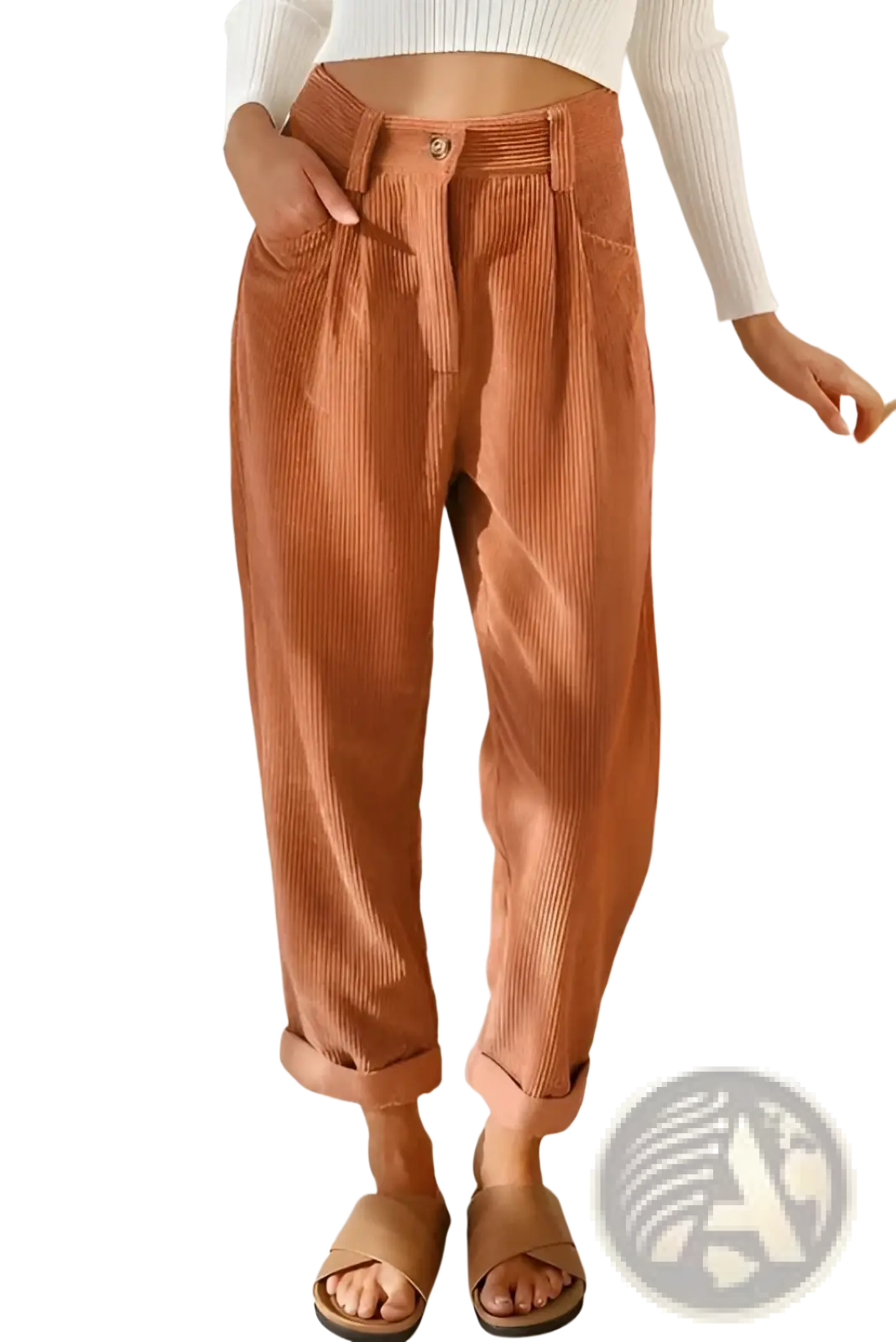 Corduroy high waist loose trousers in warm terracotta with vertical ribbed texture and rolled cuffs