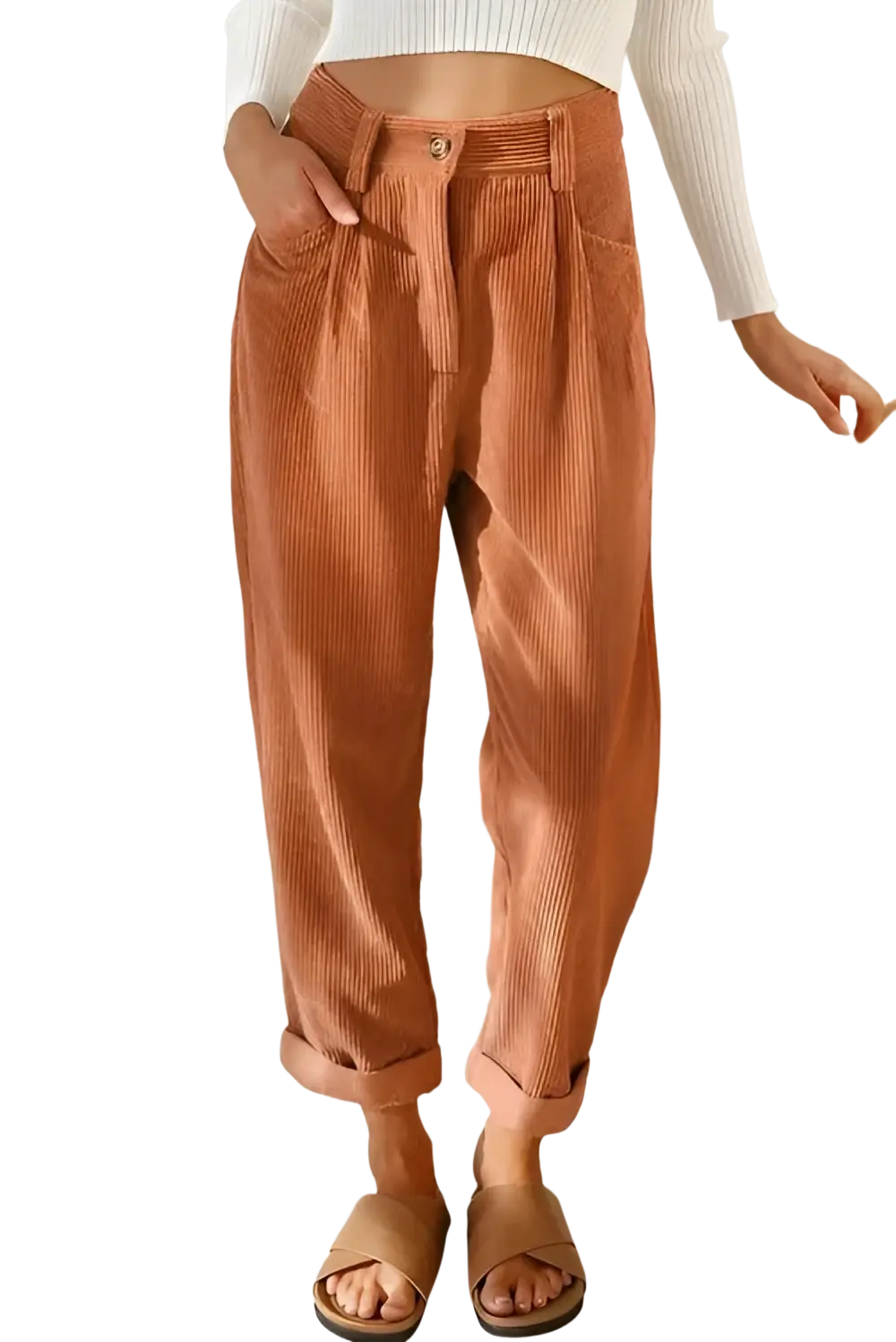Corduroy high waist loose trousers in warm terracotta with vertical ribbed texture and rolled cuffs