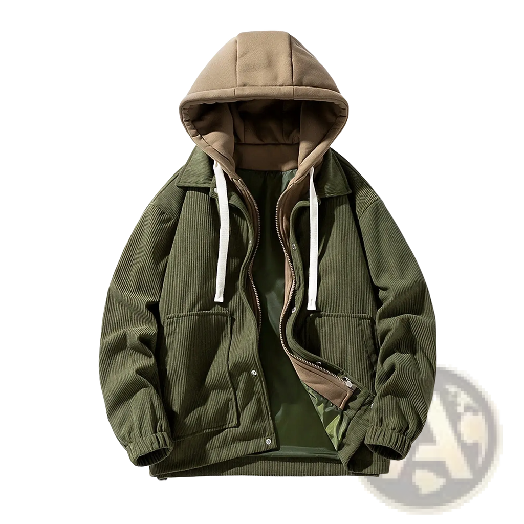 Olive green corduroy hooded baseball jacket with tan fleece lining and white drawstrings for casual wear