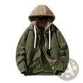 Olive green corduroy hooded baseball jacket with tan fleece lining and white drawstrings for casual wear