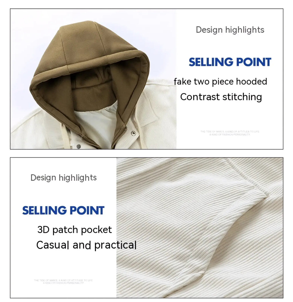 Beige corduroy hooded baseball jacket with faux two-piece design and contrasting stitching front view