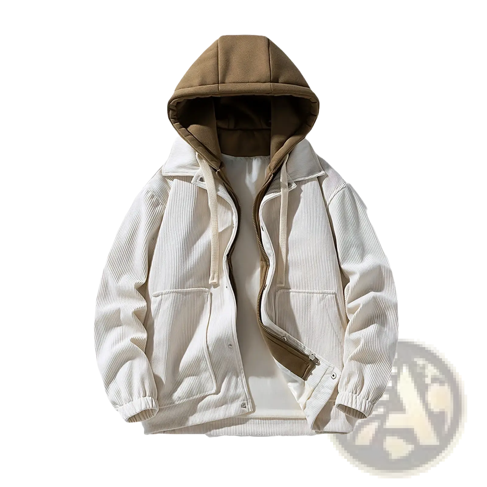 Cream-colored corduroy hooded baseball jacket with contrasting tan interior lining and zipper details on front side