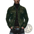 Dark green corduroy denim jacket for men with silver buttons and classic collar long sleeve button down shirt