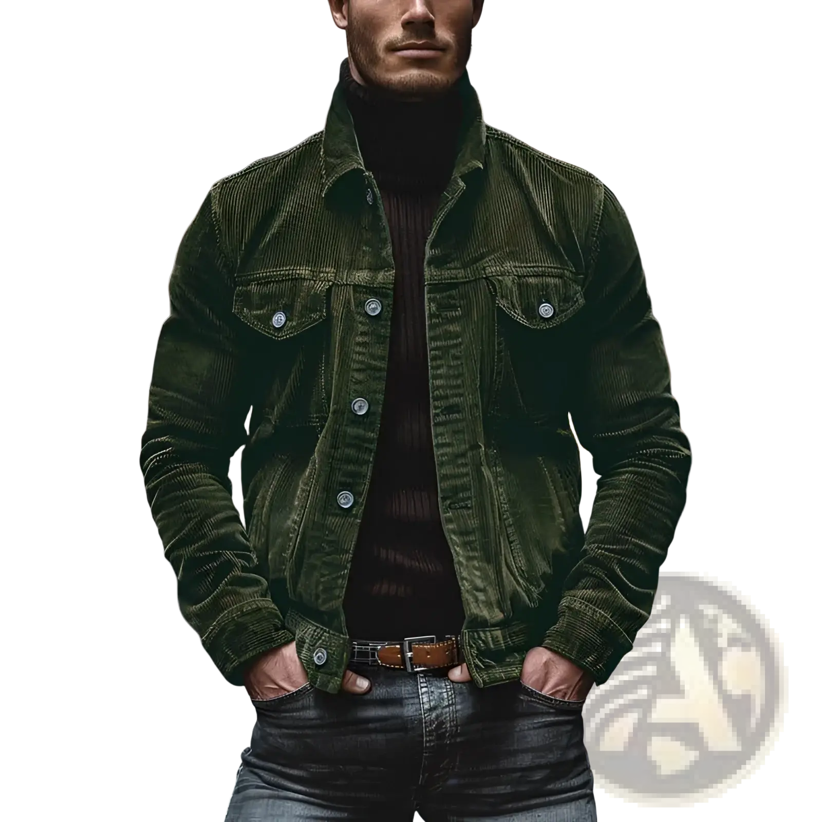 Dark green corduroy denim jacket for men with silver buttons and classic collar long sleeve button down shirt