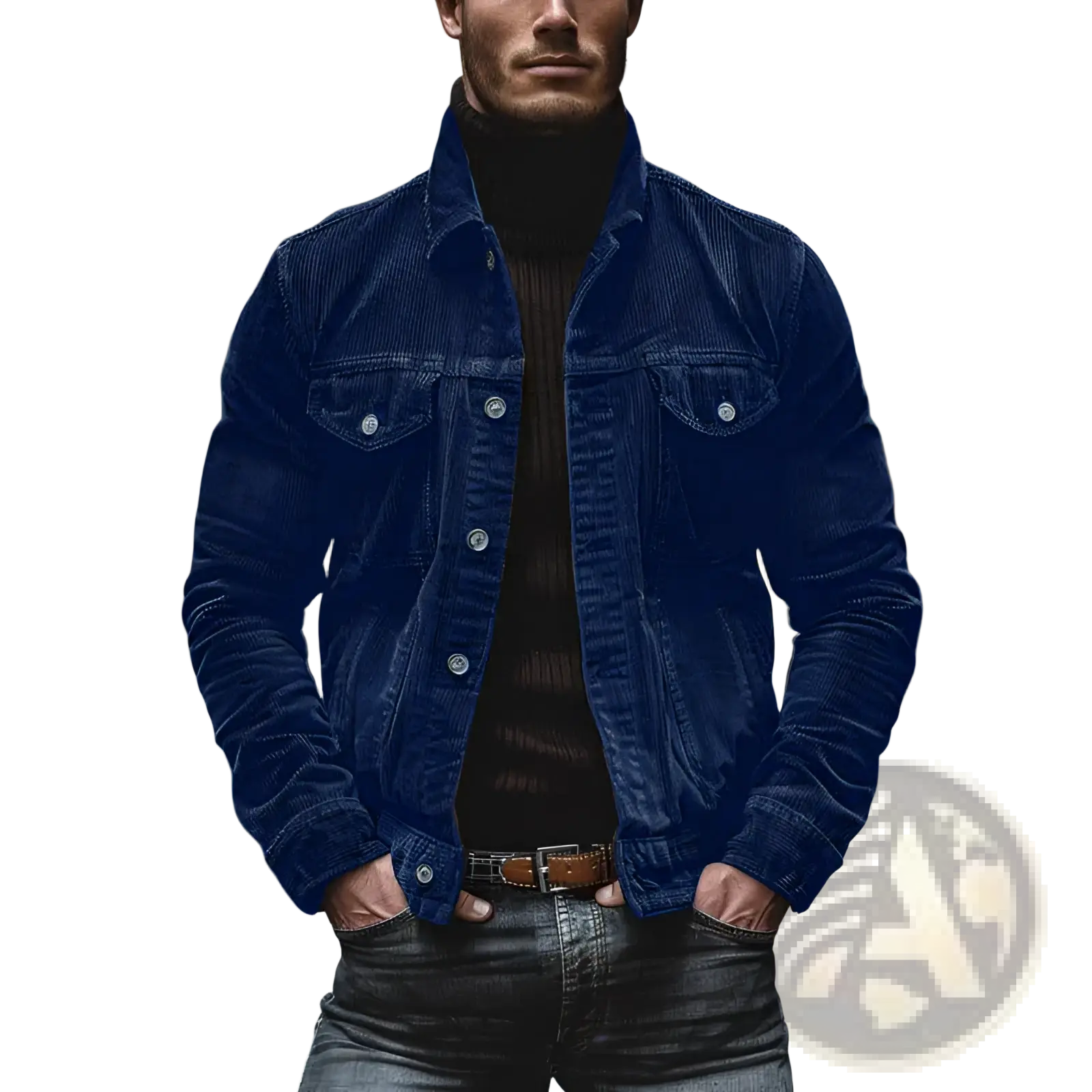 Deep navy blue corduroy jacket for men with long sleeves, button down shirt style, and silver-toned buttons