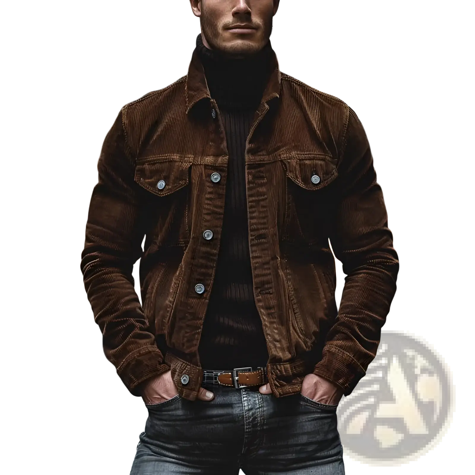 Brown corduroy denim jacket with silver buttons and classic collar long sleeve button down shirt for men