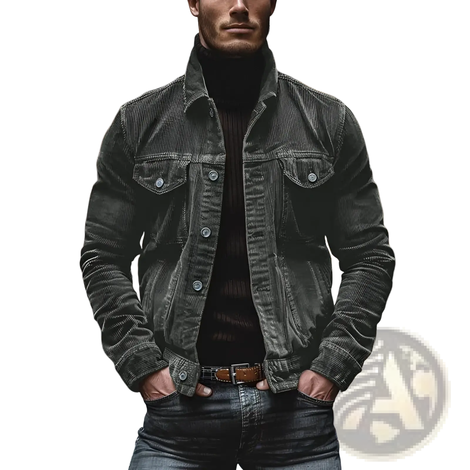 Dark gray corduroy denim jacket for men with silver buttons and classic collar long sleeve button down shirt